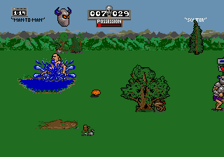 Pigskin 621 AD (Genesis) screenshot: It's very funny when a player drops into water