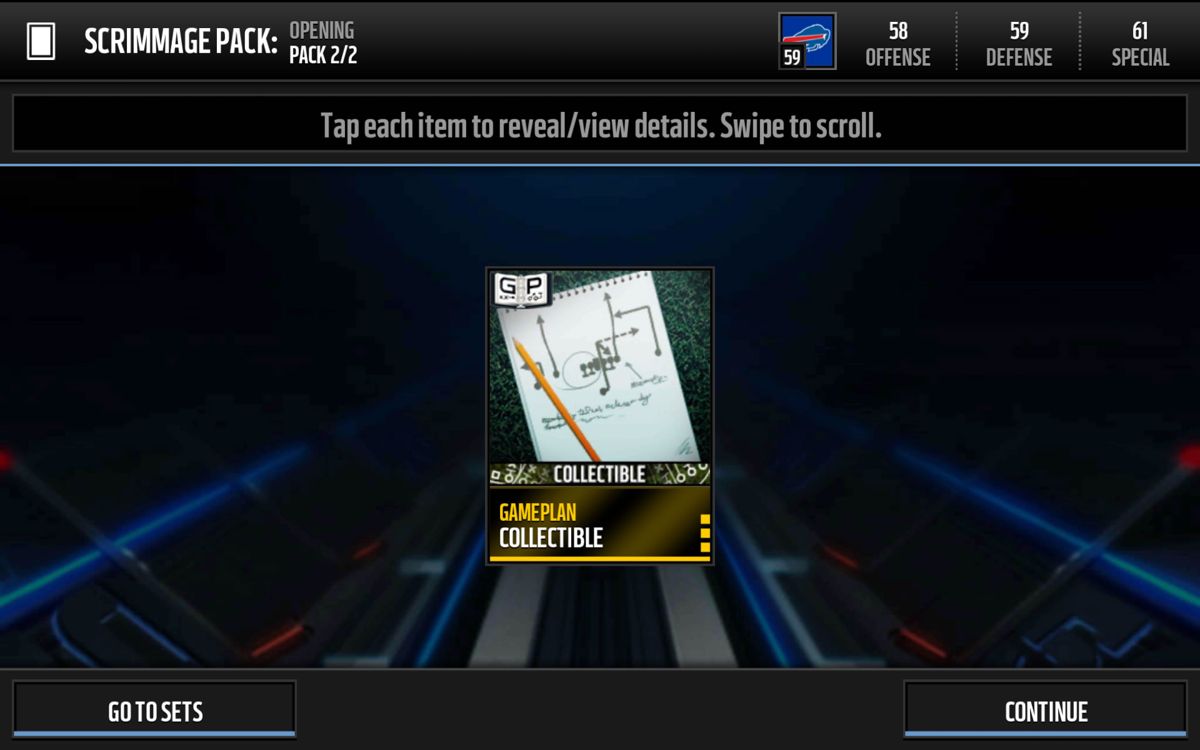 Madden NFL Mobile (Android) screenshot: A gameplan collectible has been unlocked.