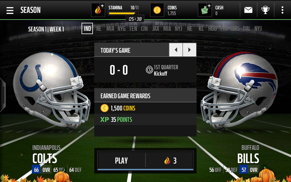 Madden NFL Mobile (Android) screenshot: Starting a first season game.