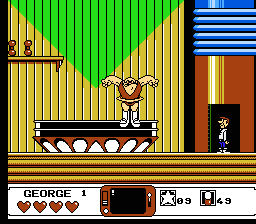 The Jetsons: Cogswell's Caper (NES) screenshot: Insane bodybuilder in the gym