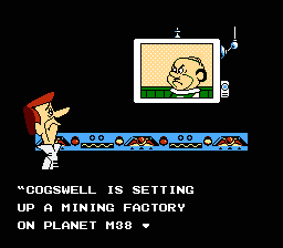 The Jetsons: Cogswell's Caper (NES) screenshot: Opening intro with Spacely briefing Jetson.