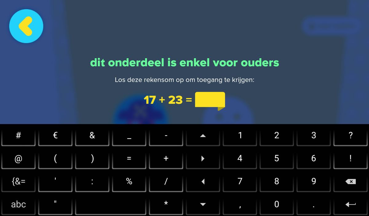 Ketnet Junior (Android) screenshot: You need to solve a math problem to access the settings.
