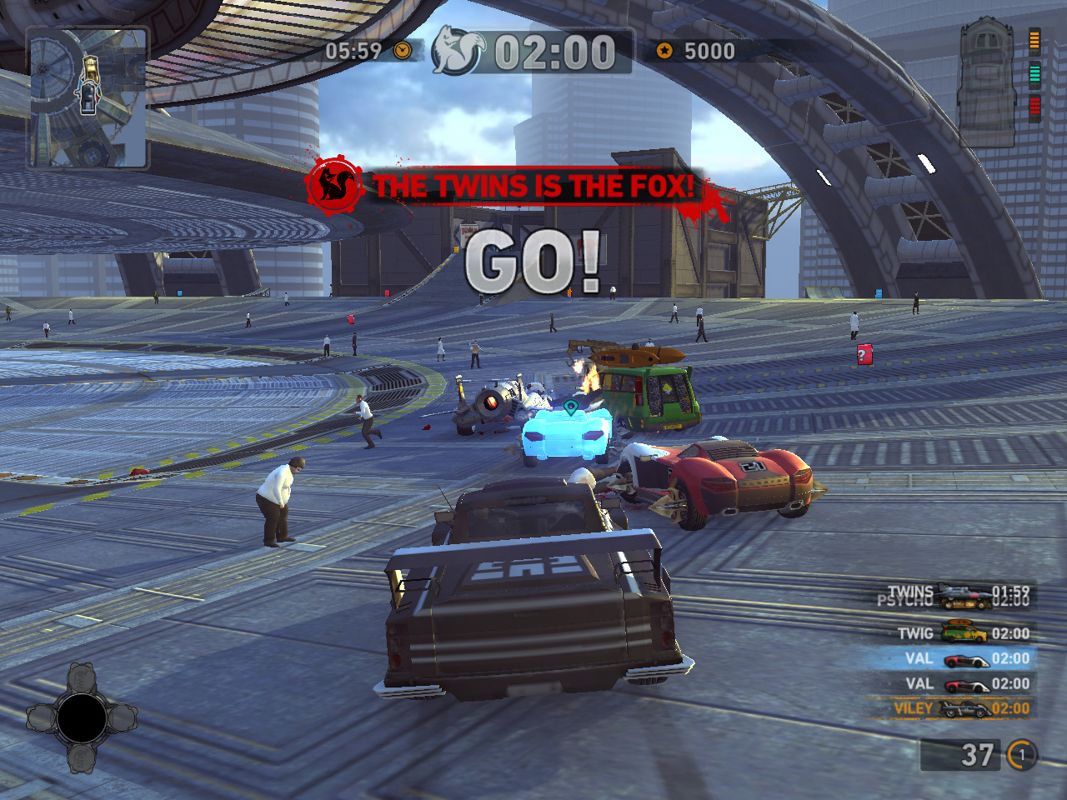 Carmageddon: Reincarnation (Windows) screenshot: Fox 'n' Hounds in the Landing Pads arena