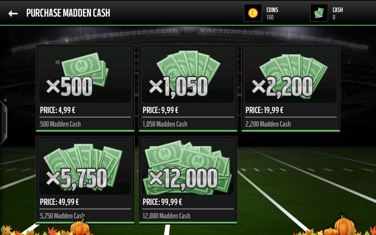 Madden NFL Mobile (Android) screenshot: In-app purchases for Madden cash.
