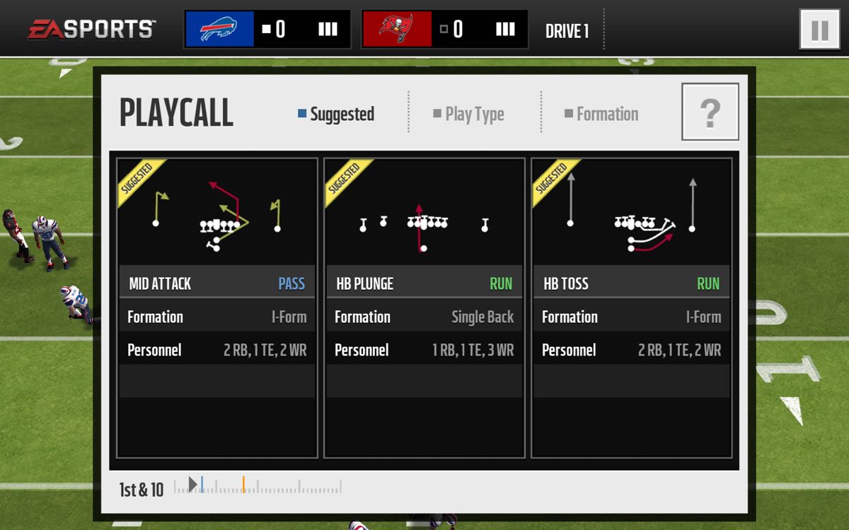 Madden NFL Mobile (Android) screenshot: The game suggests different playcalls.
