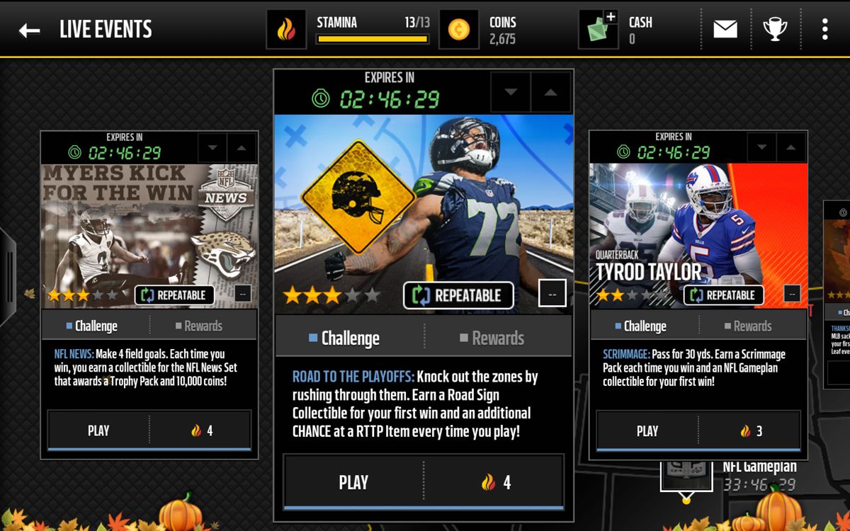 Madden NFL Mobile (Android) screenshot: Most of the live events are repeatable, but they still require stamina.