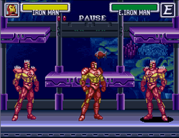 Marvel Super Heroes in War of the Gems (SNES) screenshot: Iron Man versus Iron Man versus Iron Man