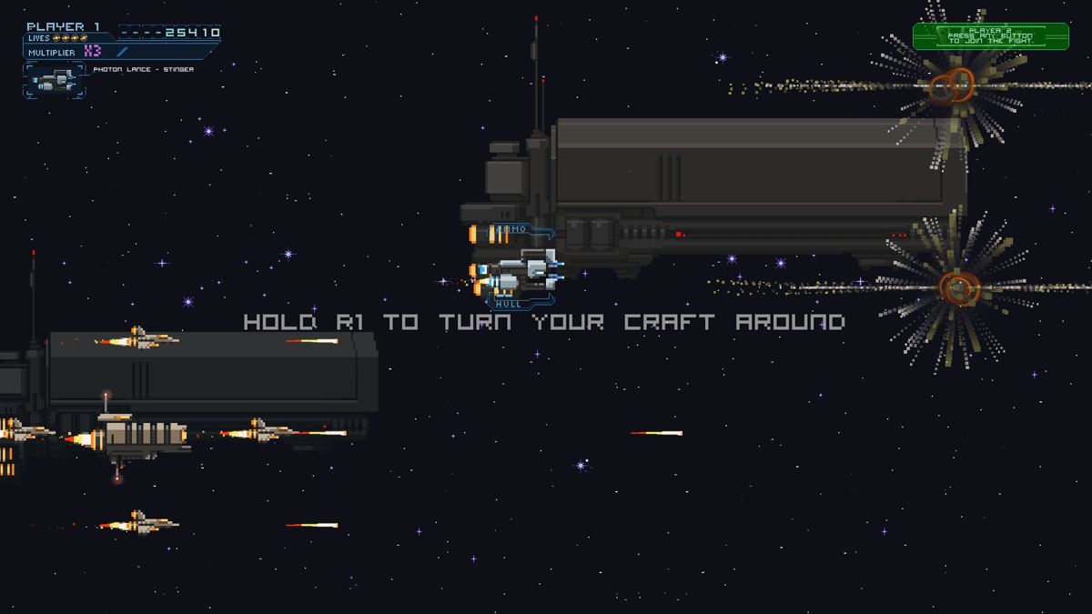 Enemy Mind (Windows) screenshot: On screen instructions on how to turn the ship around to shoot.