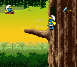 The Smurfs Travel the World (SNES) screenshot: These sparkles teleport you.