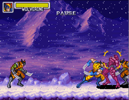 Marvel Super Heroes in War of the Gems (SNES) screenshot: Wolverine versus evil clones