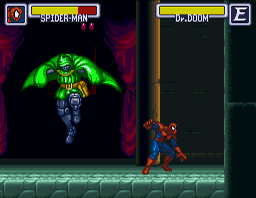 Marvel Super Heroes in War of the Gems (SNES) screenshot: Spidey versus Dr. Doom