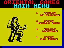 Oriental Games (ZX Spectrum) screenshot: Main menu (Kung Fu)