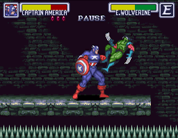 Marvel Super Heroes in War of the Gems (SNES) screenshot: Captain says: "i hate smokers"