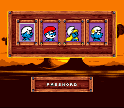 The Smurfs Travel the World (SNES) screenshot: The password uses pictures of Smurfs.