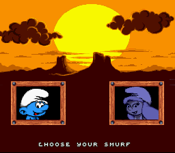The Smurfs Travel the World (SNES) screenshot: Choose to play as a Smurf or Smurfette.
