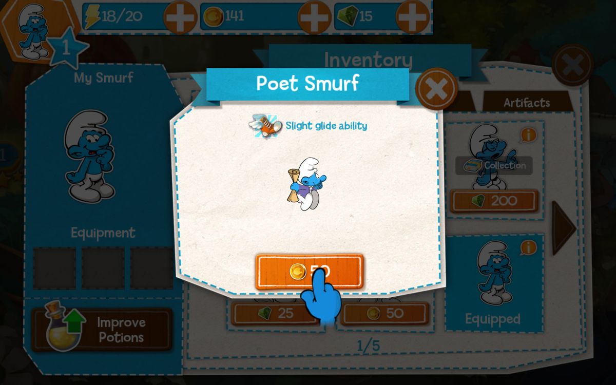 The Smurfs: Epic Run (Android) screenshot: Each Smurf has a different ability.
