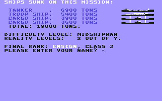 Silent Service (Commodore 64) screenshot: My score and current rank