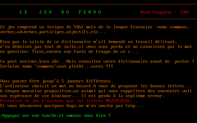 Jeu du Pendu, Le (DOS) screenshot: Start screen