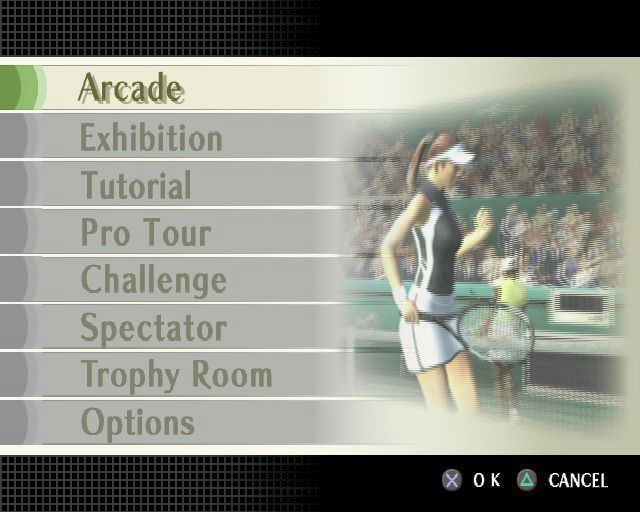 Smash Court Tennis: Pro Tournament 2 (PlayStation 2) screenshot: The main menu<br>Arcade mode: win all major tournament<br>Exhibition: up to four players<br>Pro Tour: Create and train your player<br>Challenge: perform 'tasks'