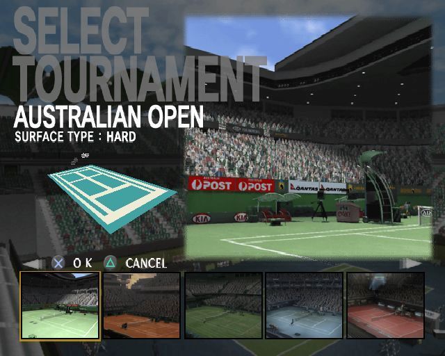 Smash Court Tennis: Pro Tournament 2 (PlayStation 2) screenshot: In Spectator mode AI players compete in a singles or doubles match. The gamer selects their outfits and the tournament