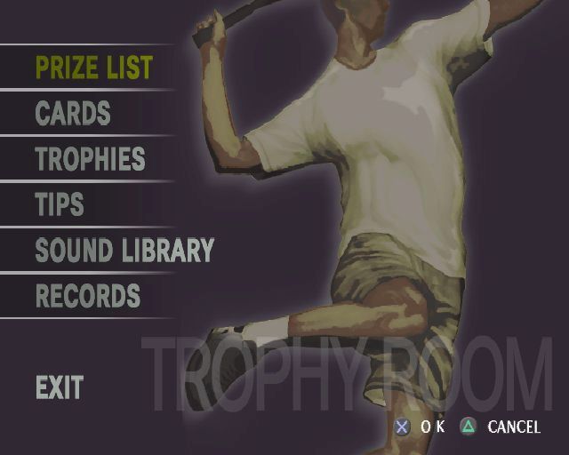 Smash Court Tennis: Pro Tournament 2 (PlayStation 2) screenshot: Everything in the trophy room is unlocked or acquired through gameplay. In addition to the obvious prizes and trophies there are tournament cards, tips from players, music tracks