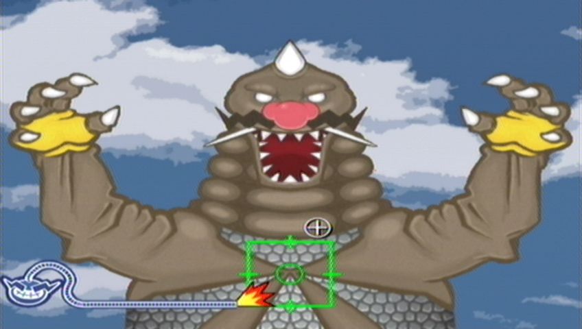 WarioWare: Smooth Moves (Wii) screenshot: Shoot Wariozilla's belly to defeat him!