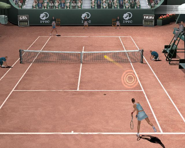 Smash Court Tennis: Pro Tournament 2 (PlayStation 2) screenshot: Pro Tour mode: Here the newly created player is competing in her first tournament, she's just served. There are specific mission objectives for these matches