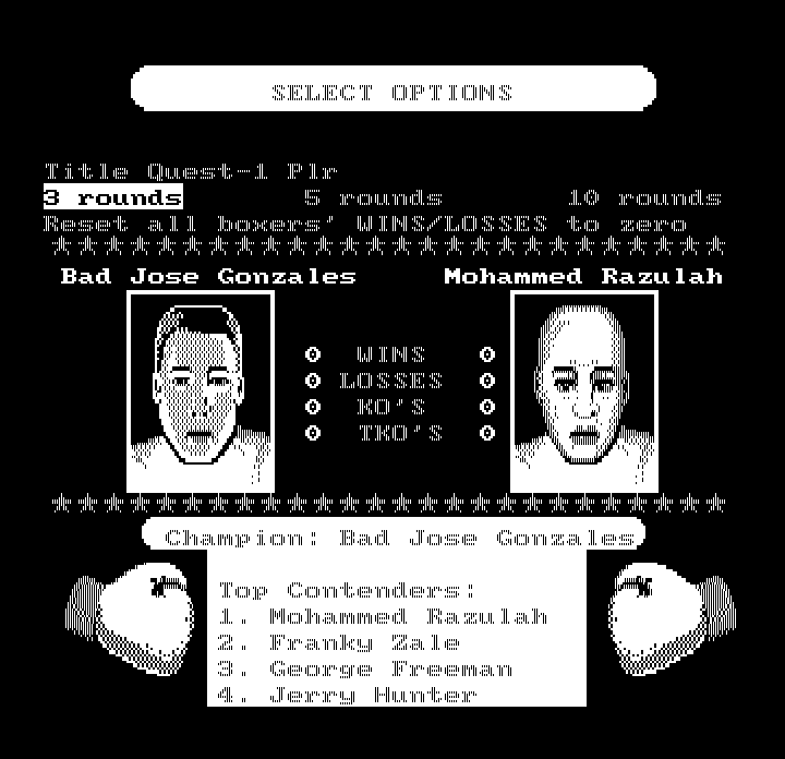 TKO (DOS) screenshot: Setup a new game (Hercules Monochrome)