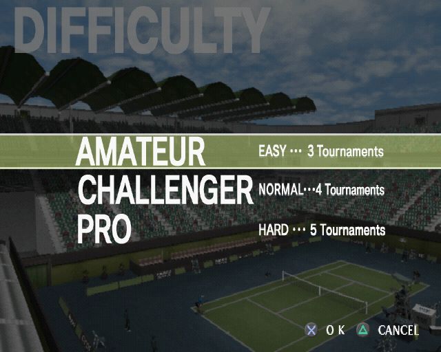 Smash Court Tennis: Pro Tournament 2 (PlayStation 2) screenshot: Arcade Mode: There are three levels of difficulty. The next screen is the player selection screen where the gamer chooses their character and the game selects the opponent