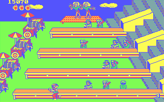 Tapper (PC Booter) screenshot: If you pick up a tip some dancers appear. (CGA with RGB monitor)