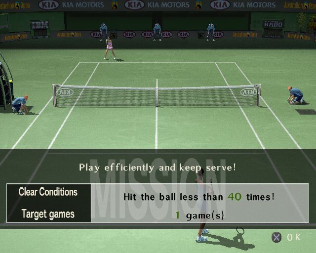Smash Court Tennis: Pro Tournament 2 (PlayStation 2) screenshot: Pro Tour mode: At the start of their career the player will have to compete in the qualifying rounds.<br>At the start of each game in the match the player is given an objective like this