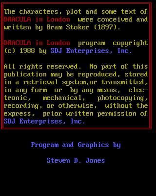 Dracula in London (DOS) screenshot: Game Credits and Legal Info