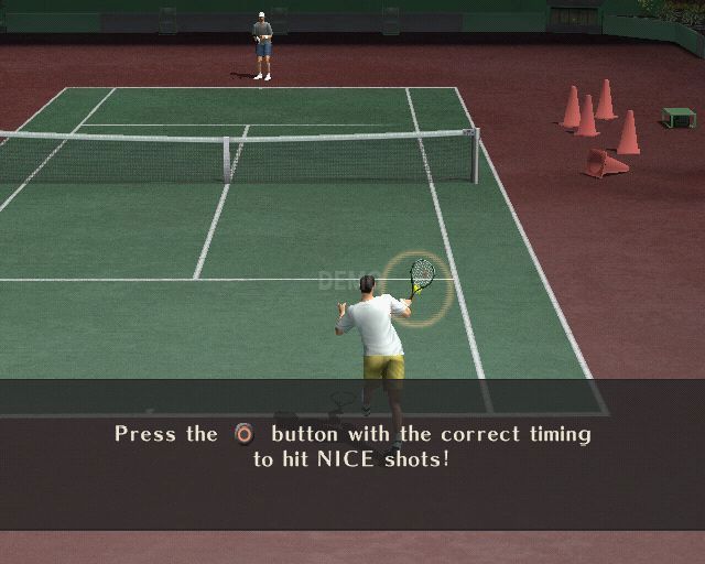 Smash Court Tennis: Pro Tournament 2 (PlayStation 2) screenshot: Tutorial mode: There are twenty tutorial sessions, this is the first. A NICE shot is not something that's pretty, it utilises all of the player's power