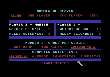 Superstar Indoor Sports (Commodore 64) screenshot: Bowling options
