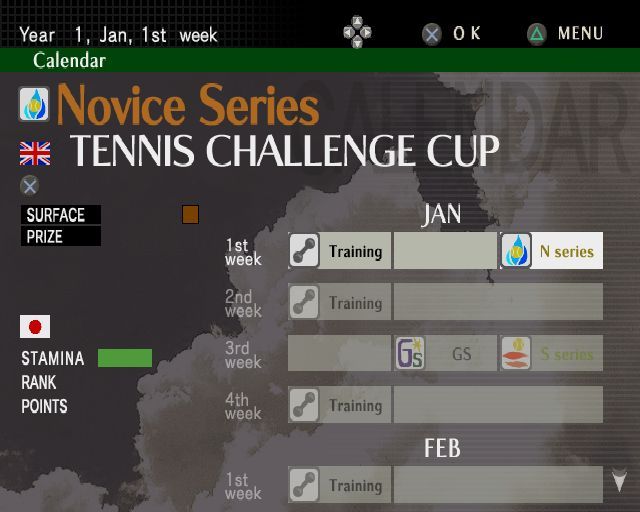 Smash Court Tennis: Pro Tournament 2 (PlayStation 2) screenshot: Pro Tour mode: Having created a character the player must train every week to gain experience points and enter competitions. All this is managed via this Calendar screen