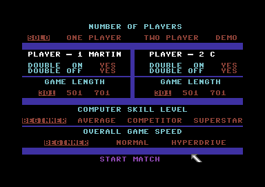 Superstar Indoor Sports (Commodore 64) screenshot: Darts options