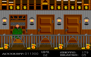 Gunshoot (Amiga) screenshot: Successfully hit a bald bandit