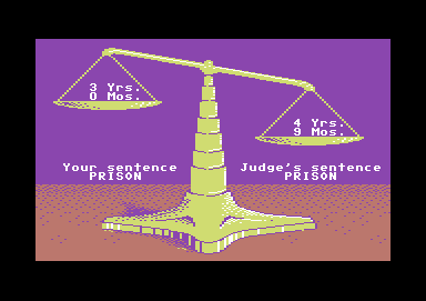 Crime and Punishment (Commodore 64) screenshot: The scales of justice are on his side