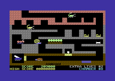 Fire Ant (Commodore 64) screenshot: The snail is about to eat the grass blocking the way to the screwdriver