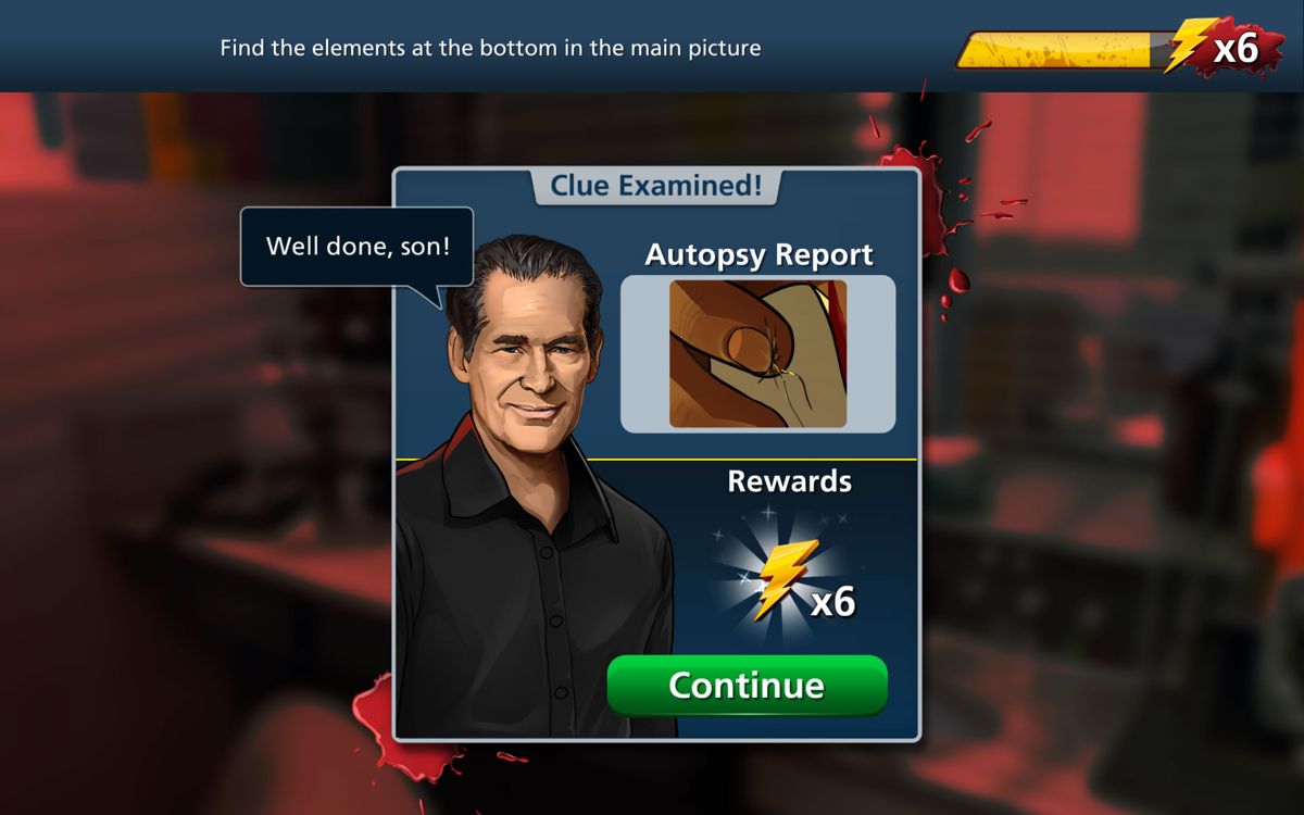 Dexter: Hidden Darkness (Android) screenshot: The autopsy report has been completed and some energy is refilled.