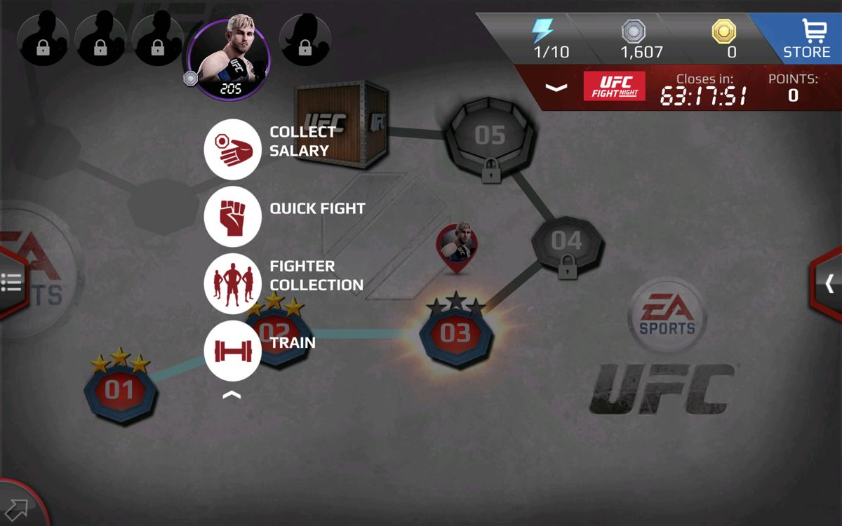 UFC (Android) screenshot: Fighter options on the main career screen