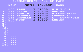 Silent Service (Commodore 64) screenshot: Submariner's Hall of Fame