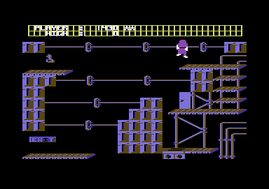 Beer Belly Burt's Brew Biz (Commodore 64) screenshot: Burt going along a rope