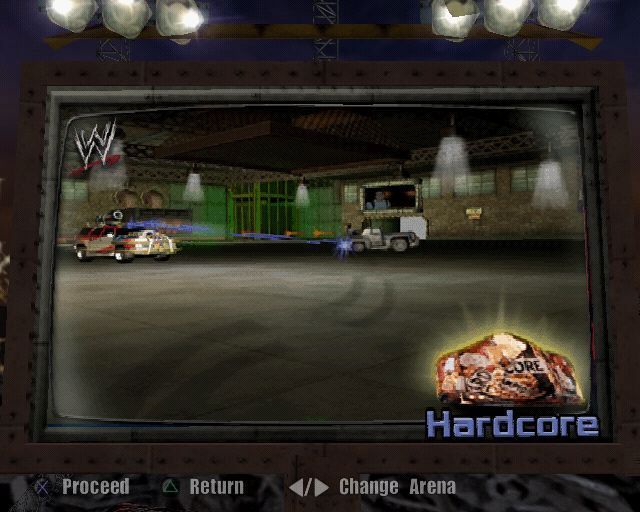 WWE Crush Hour (PlayStation 2) screenshot: Starting an exhibition match. The first choice is which arena to fight in. RAW, Hell in the Cell, Hardcore are the only arenas available at the outset, others must be unlocked