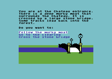 Danger Mouse in the Black Forest Chateau (Commodore 64) screenshot: At the stone bridge