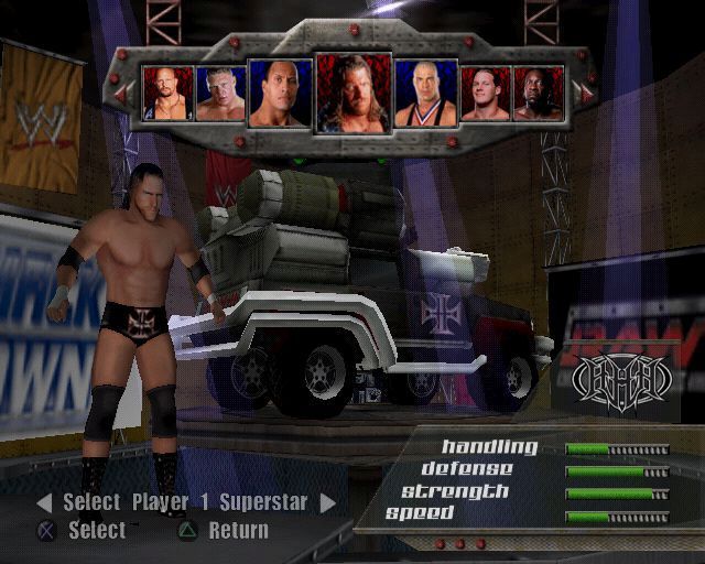 WWE Crush Hour (PlayStation 2) screenshot: Setting up an exhibition match<br>The final configuration screen selects the WWE star and their associated vehicle<br>There's no vehicle customisation options in this game