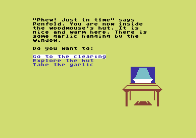 Danger Mouse in the Black Forest Chateau (Commodore 64) screenshot: Inside the hut