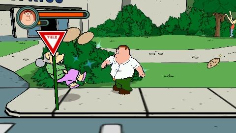 Family Guy Video Game! (PSP) screenshot: The Peter Griffin portion of the game is brutal and based on combat. You go around town and hit all who stand in your way.