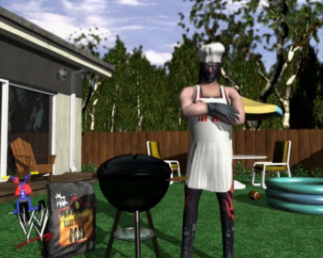 WWE Crush Hour (PlayStation 2) screenshot: From the animated introduction<br>The head of WWE has become so powerful that he now controls all TV channels so all shows feature WWE stars. Here's one advertising a barbeque