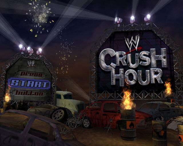 WWE Crush Hour (PlayStation 2) screenshot: This screen follows the animated introduction. It sets the tine of the game, lots of flame and sparks, loud generic rock music, dark and grungy graphics